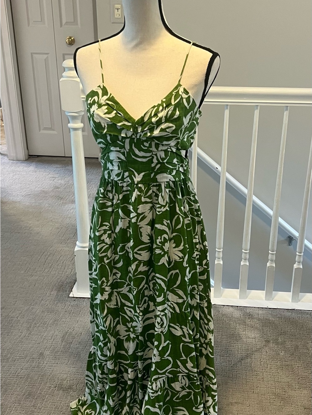 Zara Green and White Floral Maxi Dress with Spaghetti Straps